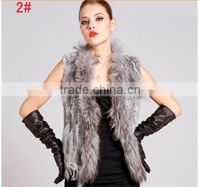 2016 high -end kintted rabbit fur vest with raccoon collar