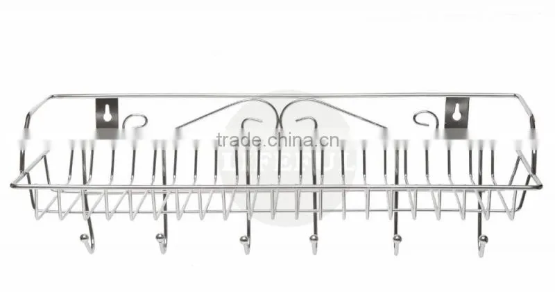 Metal Wall Mounted Organizer Hanger / Storage Rack w/ Top Basket Shelf, 6 Utility Hooks