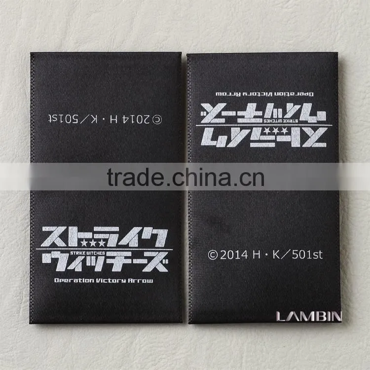 High density black damask printed label for trousers silk screen printed black satin ribbon labels for clothing
