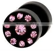 Black Steel Fake Plug with pink Crystal stone