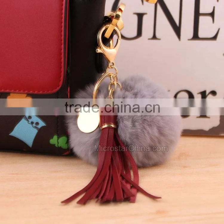 Custom Logo Genuine Leather Tassel Rabbit Fur Key Chain Pom Pom Fur Keychain