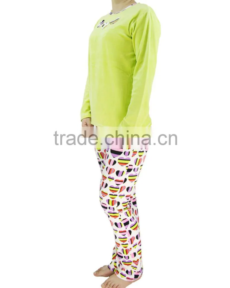Kevince velour pyjama set pant green reactive print knitting woman MOQ 1000sets OEM factory directly