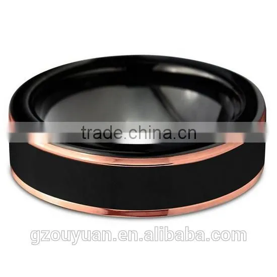 8MM Rose Gold Plated Tungsten Carbide Ring, Black Brushed Comfort Fit Tungsten Carbide Ring