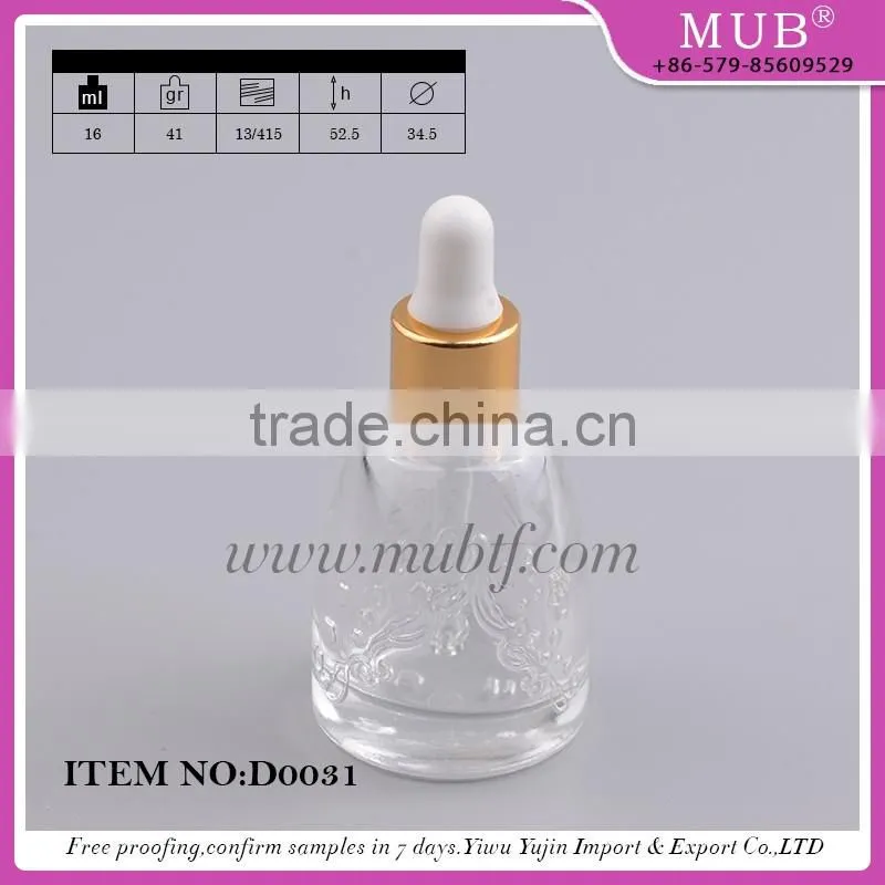 2016 top high empty glass essential oil bottles with aluminum dropper cap