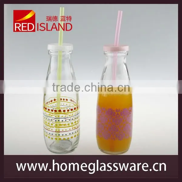 nice decal glass milk bottle glass juice bottle with plastic lid