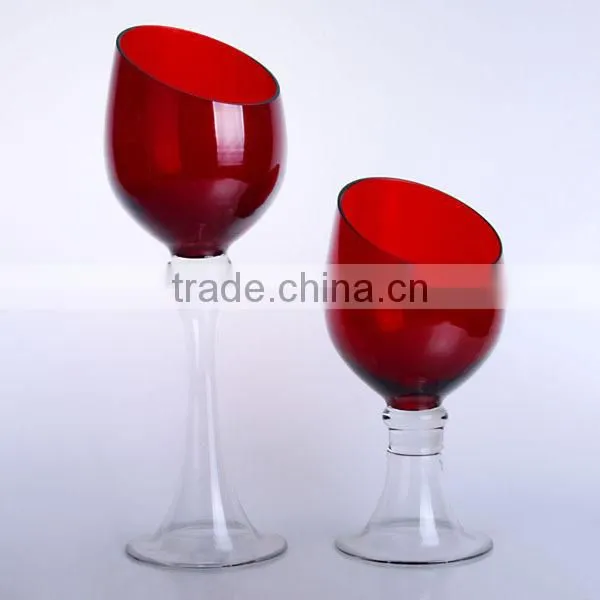 set 3 red color glass candle holder with trumpet base