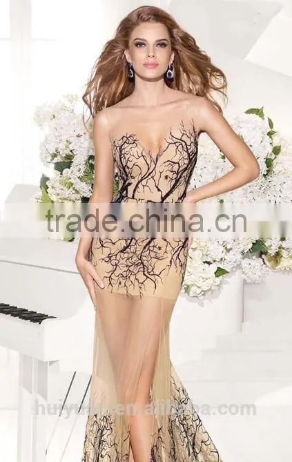 sexy side slit tulle low back open transparent evening dress