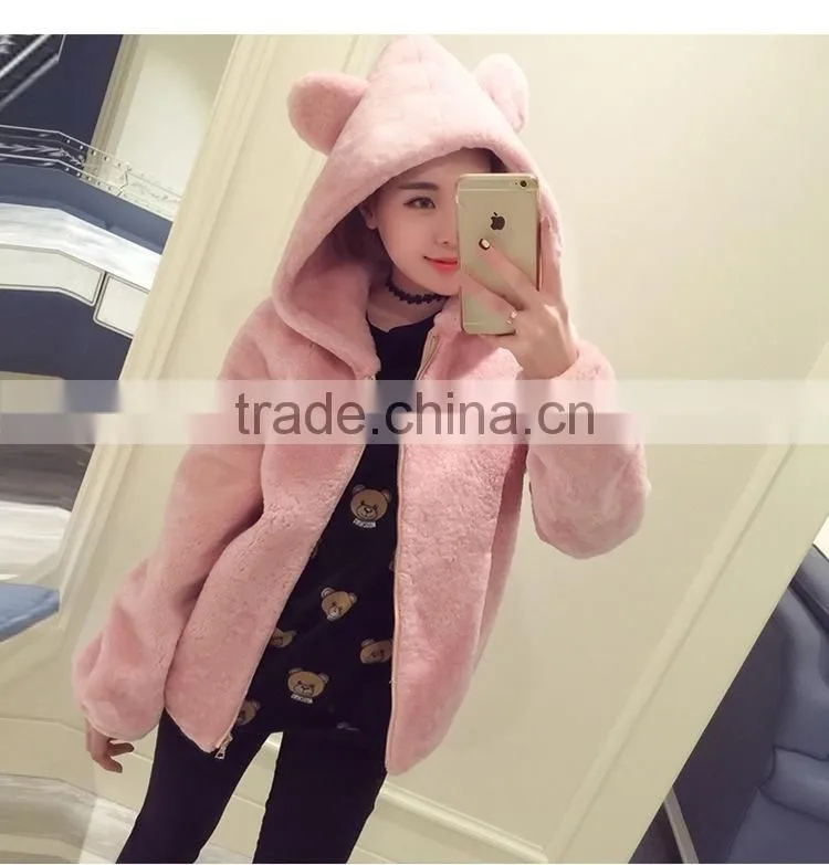 2016 Fashion Lovely Womens Korean Winter Warm Plush Rabbit Ears Hooded Thick Elastic Waist Jacket Ladies Fur Coats