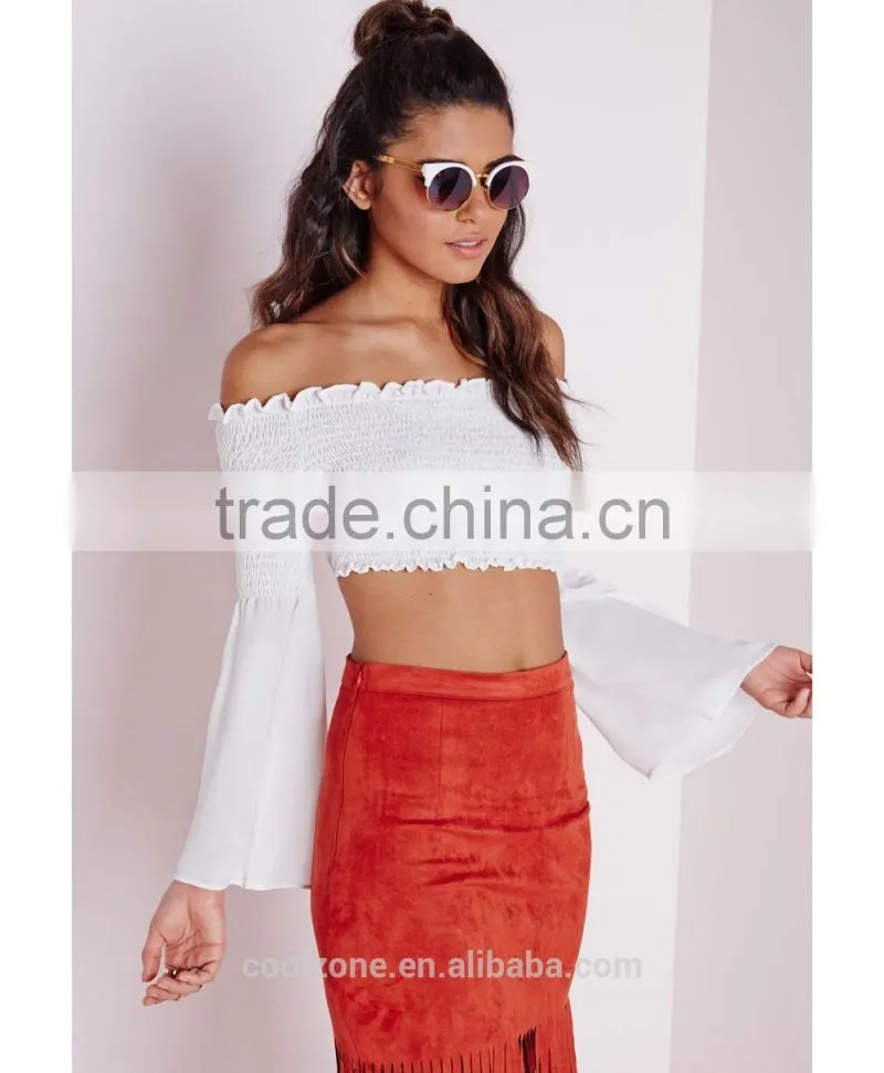 2015 New style long sleeve crop top wholsale off shoulder top