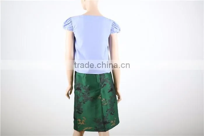 short sleeve blue women fashion cutting blouse with side zipper