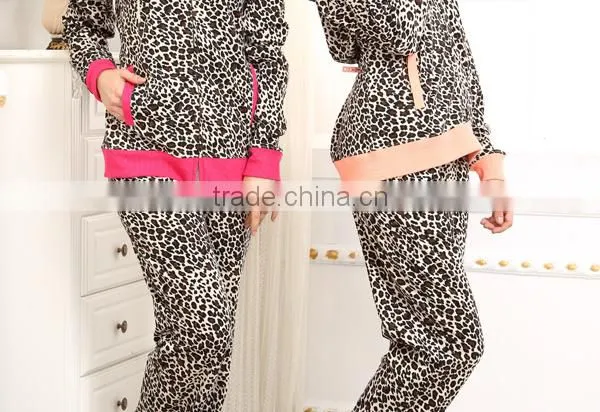 Custom women fancy leopard pajamas with hood cvc french terry winter design pajamas for women