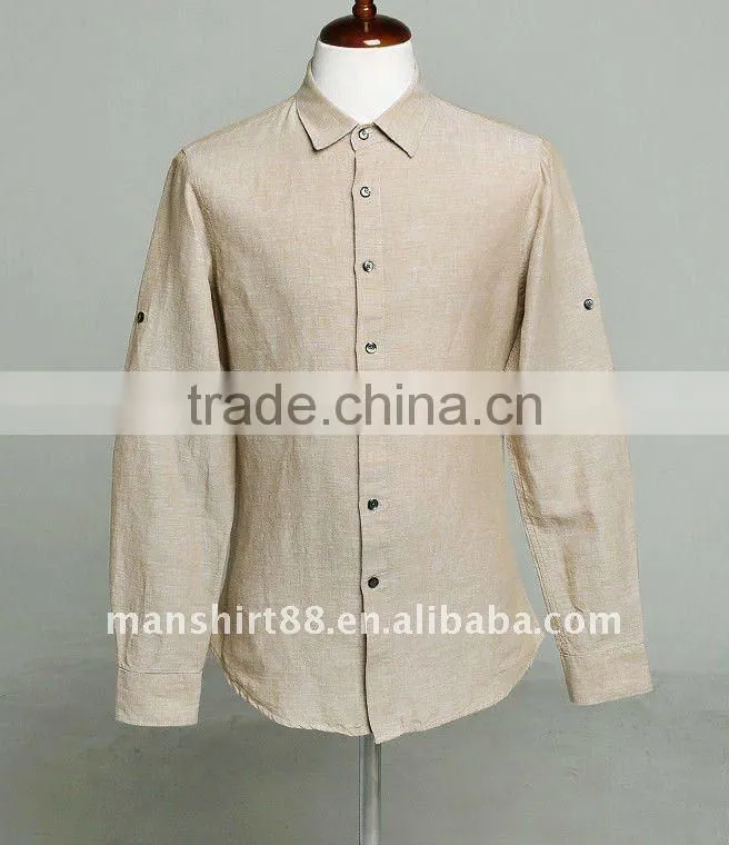 mens linen slim fit beige long sleeve dress shirt