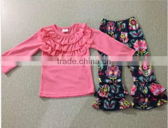 High Quality Toddler Boutique Deer Printed Outfits Kids Wear Clothing and Ruffle Pants Set Children Christmas Holiday Set