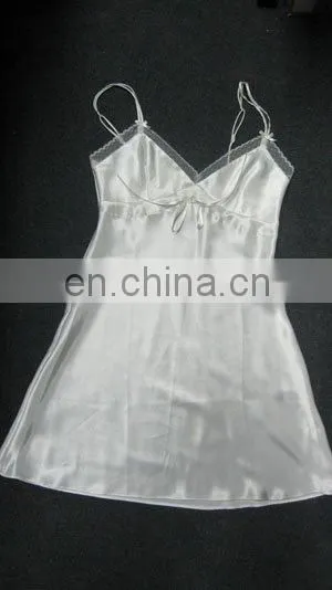 Lady's 100%polyester satin nightwear chemise with emb.lace fabric lingerie set