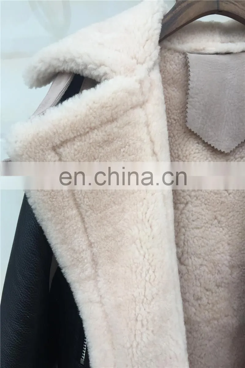 2016 Latest Design Girls Winter Genuine Sheep Skin Fleece Lined Leather Jacket