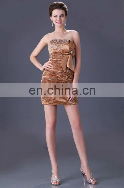 Gold Stretch Satin With Bowknot Short Cheap Cocktail Dresses CL3136