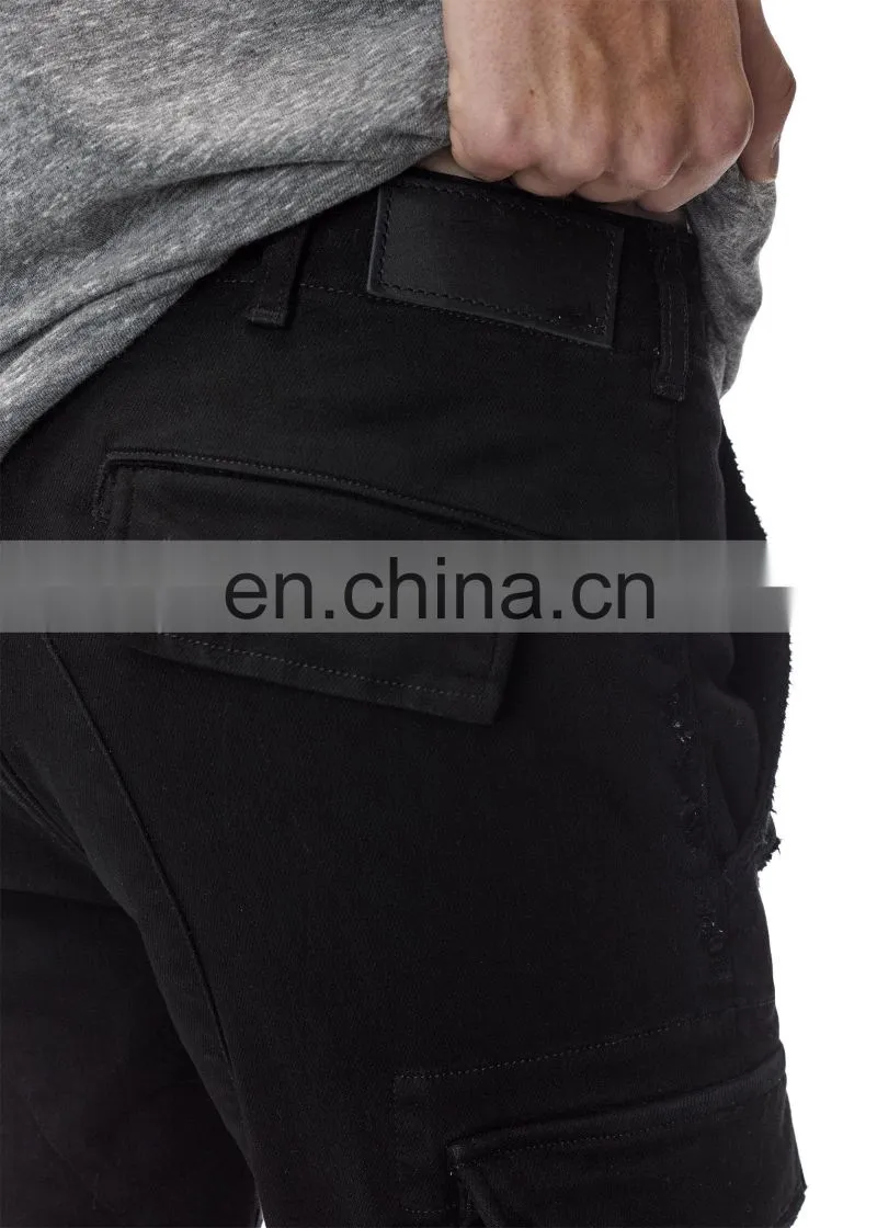 DiZNEW New Stretch Ripped Pleated Knee Patches Cargo Black Jeans men