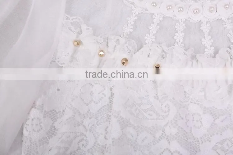 2015 women's T-shirt with long sleeves gauze splicing thin render unlined upper garment to bigger sizes Lace hollow out