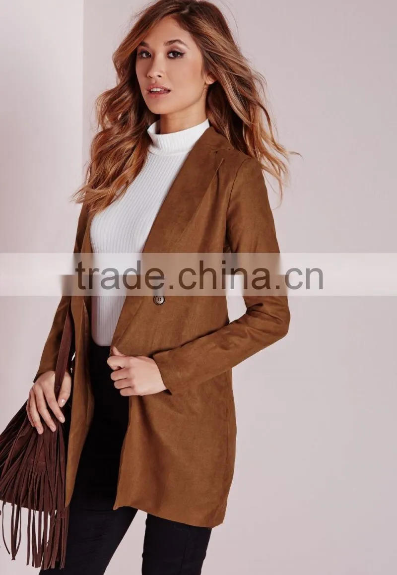 2015 Women Winter Long Faux Suede Double Breasted Blazer