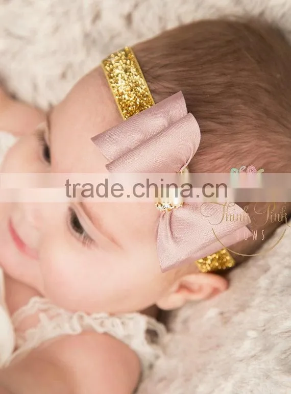 7cm Satin Rhinestone Hair Bow/ baby headband accessories/ glitter bowknot with diamond ribbon