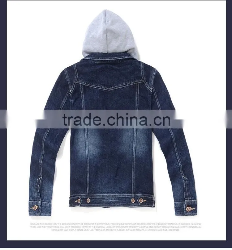 Denim jacket shop fashion plain zipper men's denim jacket with fleece hoody