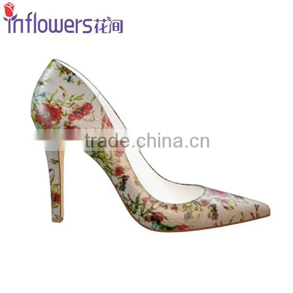 Flower printed leather pointed toe ladies sexy high heels