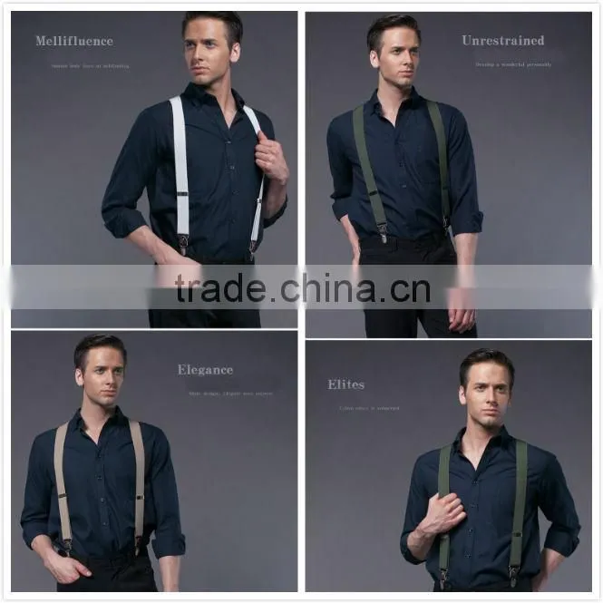 Durable dark green elstic suspenders for men with leather patch