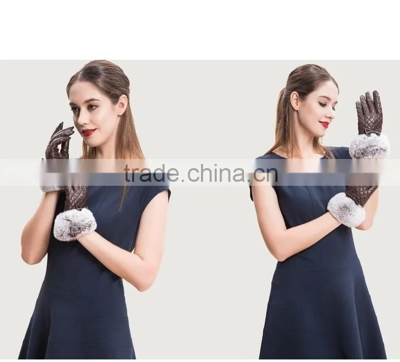 Sheep Leather Lattice Pattern With Bowknot Ornaments Rex Rabbit Fur Trim