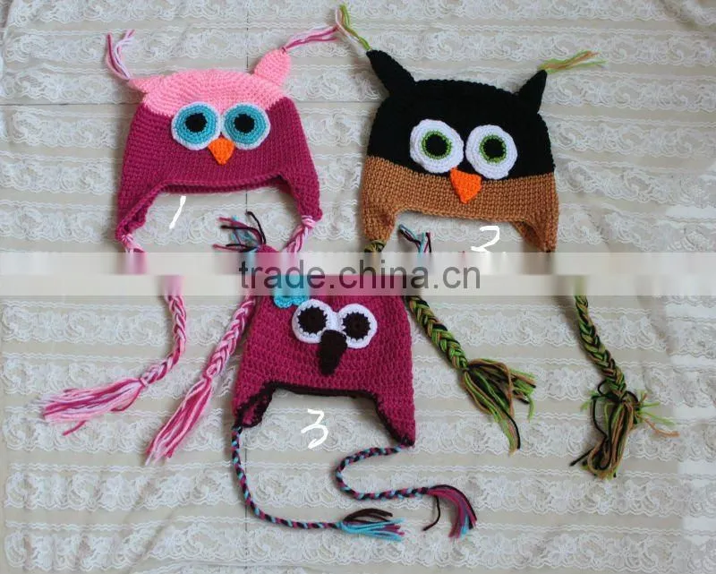 2016 Fashionable Wholesale crochet handmade Owl Hat, dinosaur colorful lovely knitted owl hat for baby