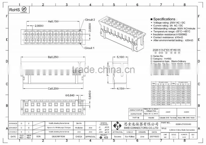 2.0mm Pitch Wire to board electronic connectors double row