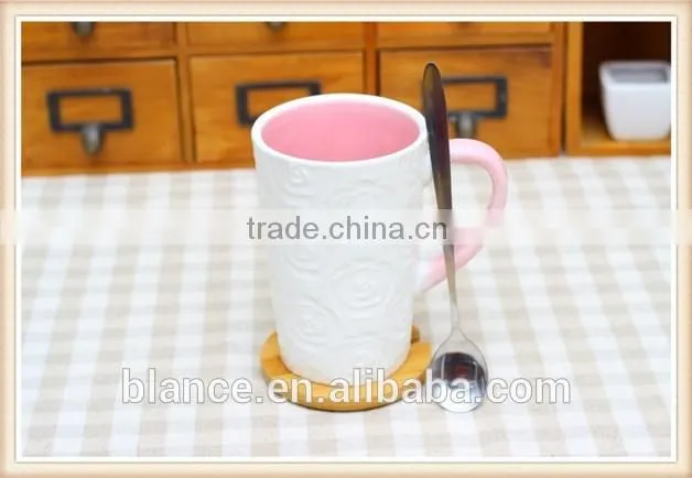 White Coffee Mug Color Interior With Embossed Flower