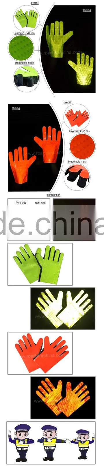 Double reflective side pvc prismatic reflective glove for police