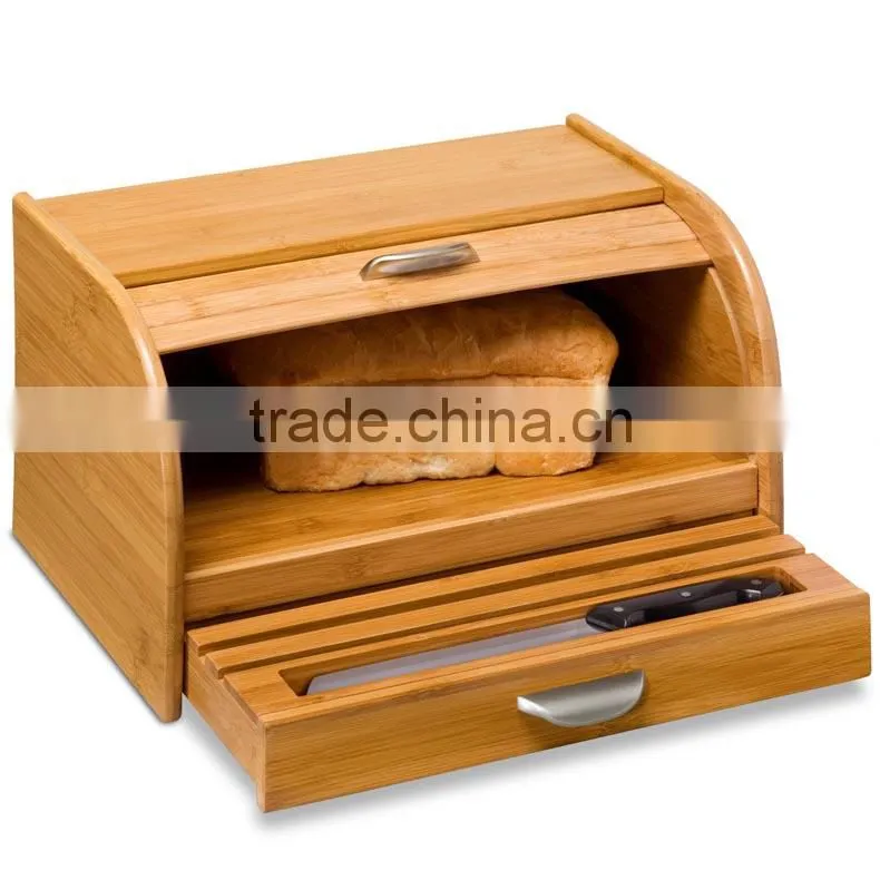 Bamboo Rolltop Wooden Bread Box Walmat with Pull-Out Drawer