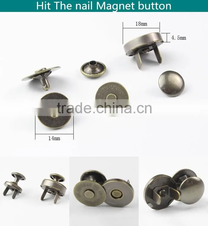Bags accessories 18mm full cover round metal magnetic snap button gold color