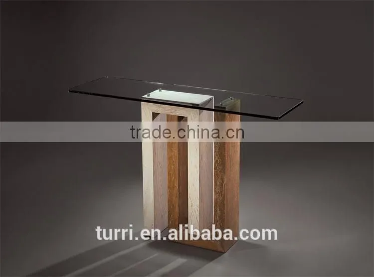 Modern austere Iran marble console table with glass top