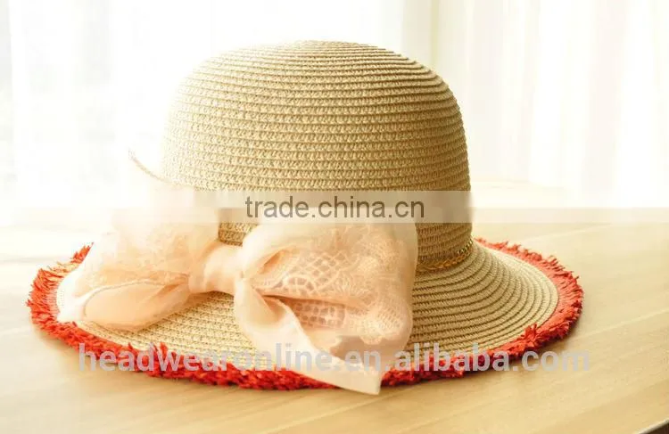 Summer Fashion Lace Bowknot Sun Protection Straw Hats China Factory