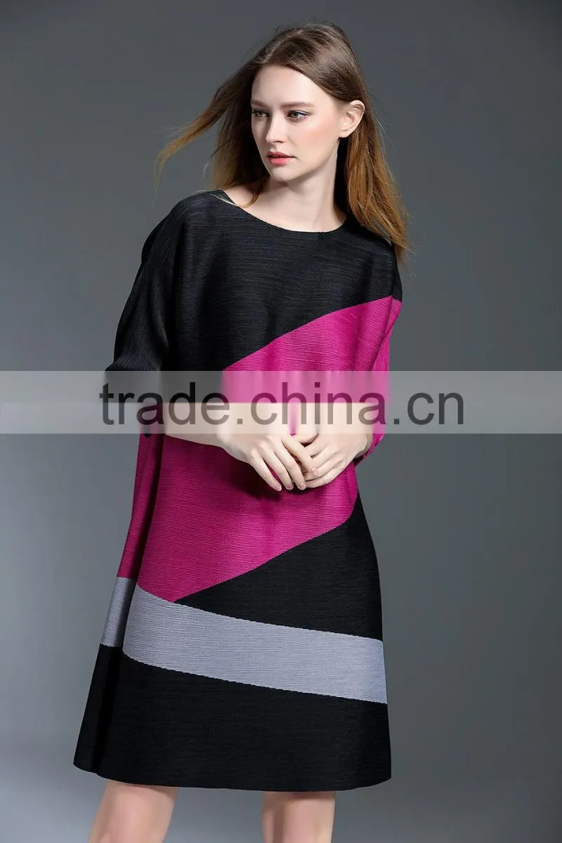 Female patchwork contrast color crinkle spring A-line dresses