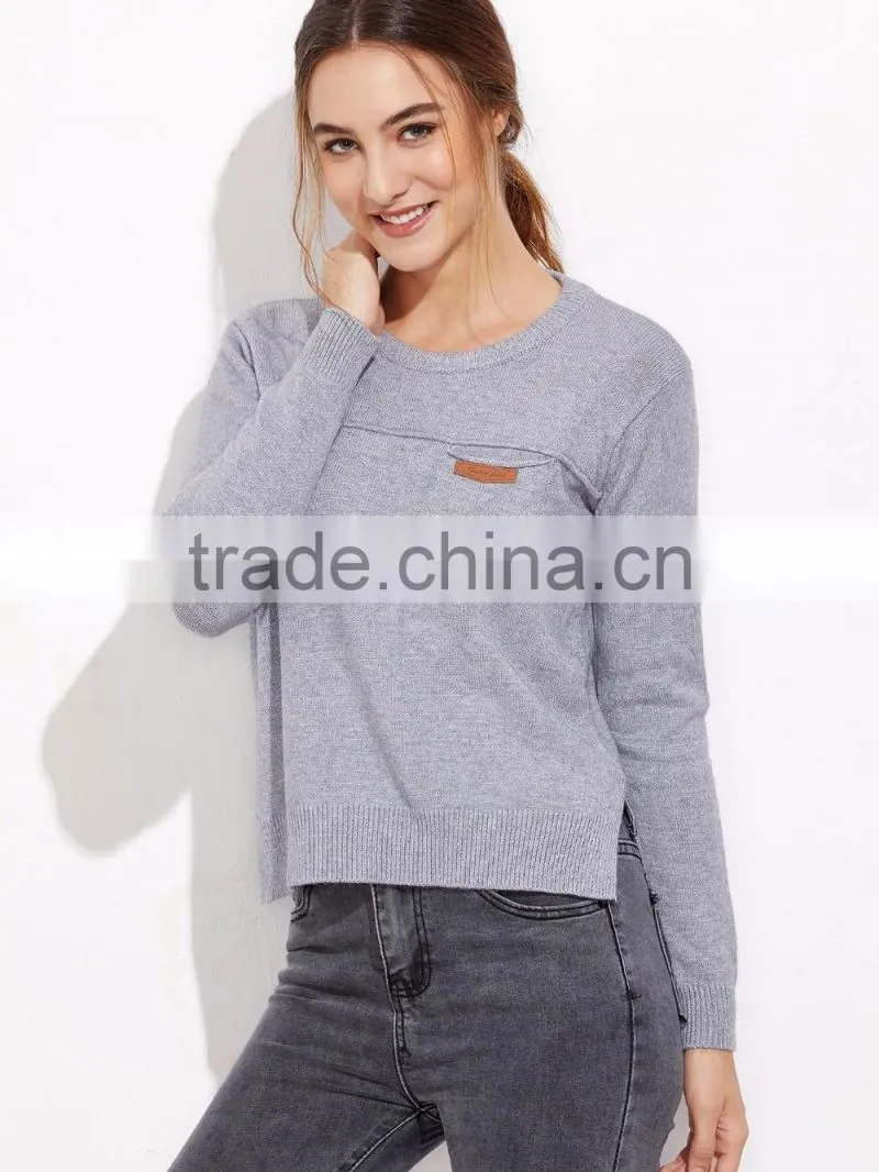 Custom Made Grey Split Side High Low Pocket Sweater Long Sleeve Round Neck Pullovers Casual Sports Sweater