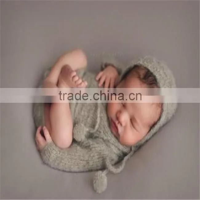 Newborn knit romper and bonnet sets crochet mohair long sleeve hooded romper baby girl overall newborn onesie photography props