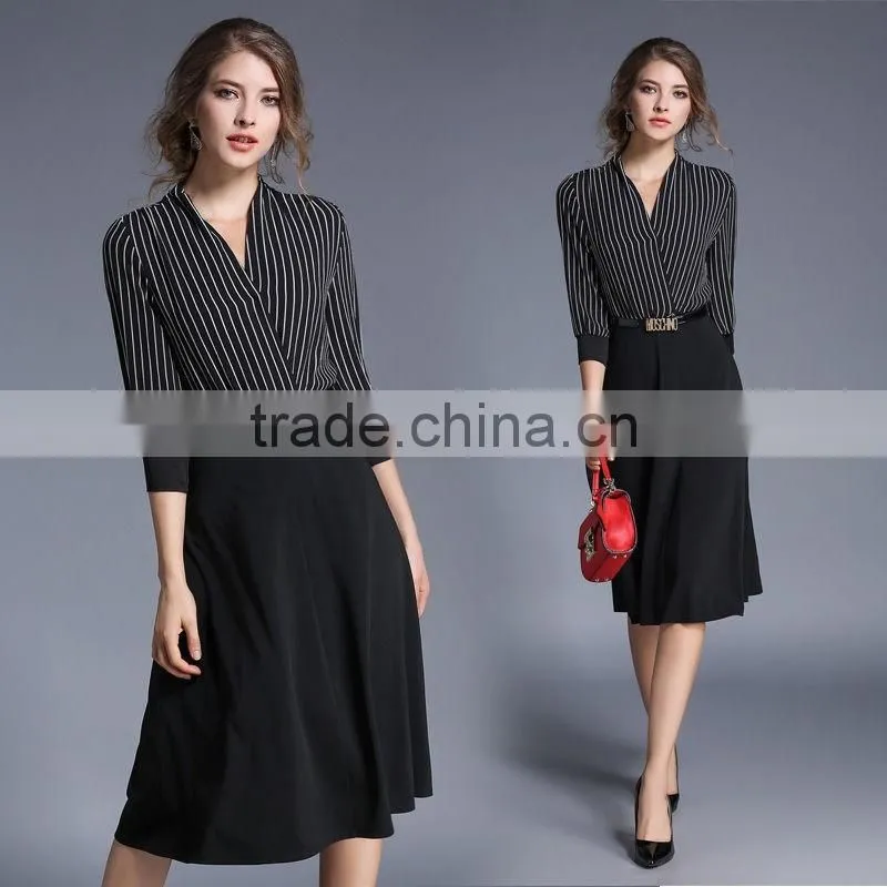 Fashion Women V Neck Vertical Stripes Office Dress Korean OL Belted Midi Dress