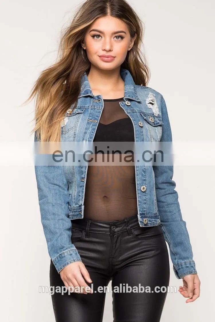 Wholesale ripped denim jackets light wash blue distressed denim jacket
