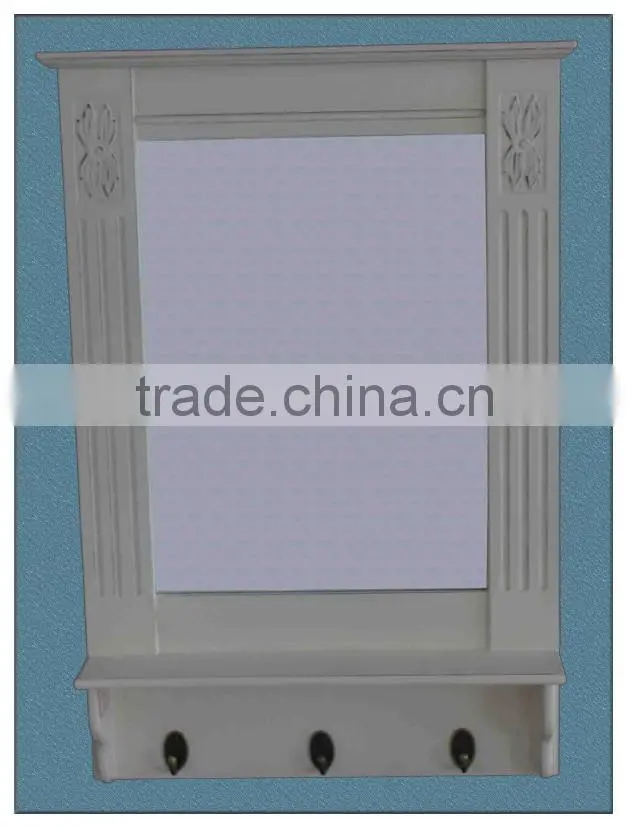 white painted wooden framed mirror with hooks / decorative mirror / wooden MDF wall mirror