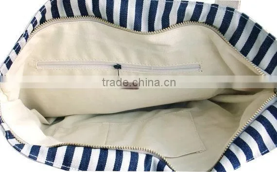 Navy Stripe Stylish Denim Bag Denim Tote Bag With Leather Trim