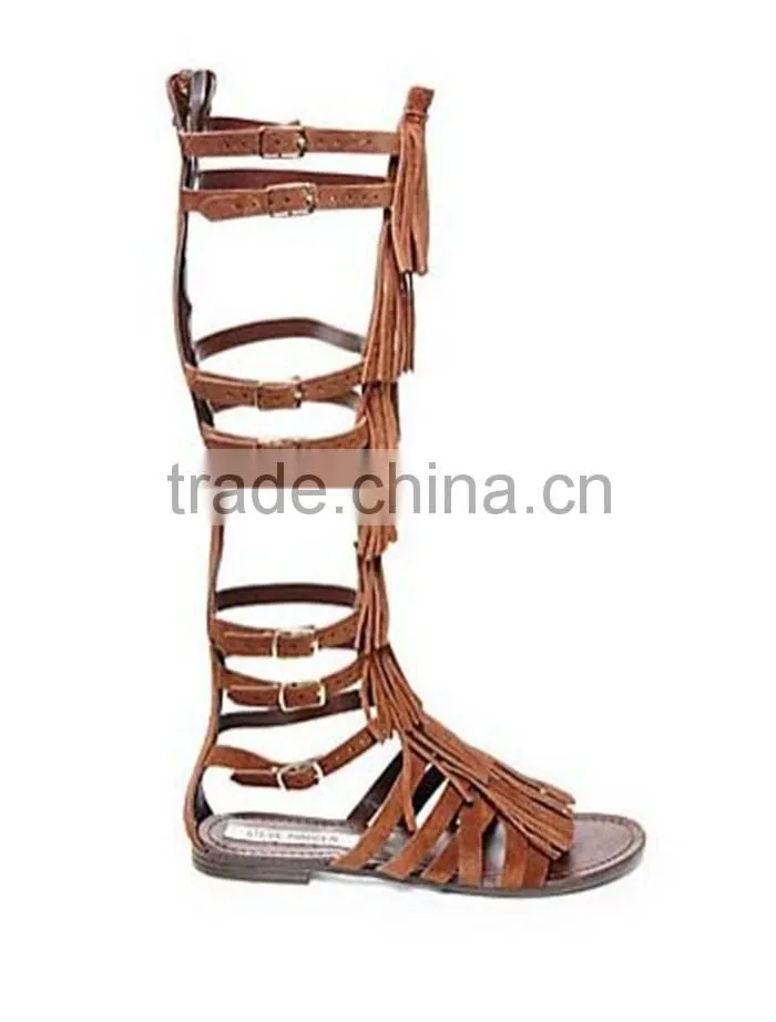 New Style Women Genuine Leather Gladiator Sandal Lace up Flat Knee High Sandal Boots