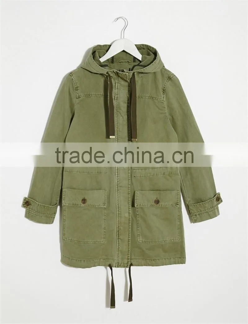 women parka coat with hood and drawstring army uniform style OEM service