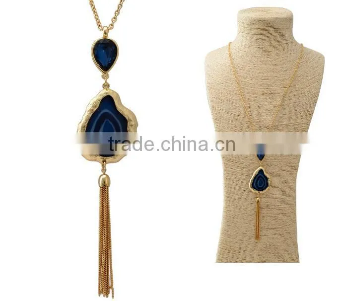 sapphire stone labradorite gold blossom pendant with gold tassel