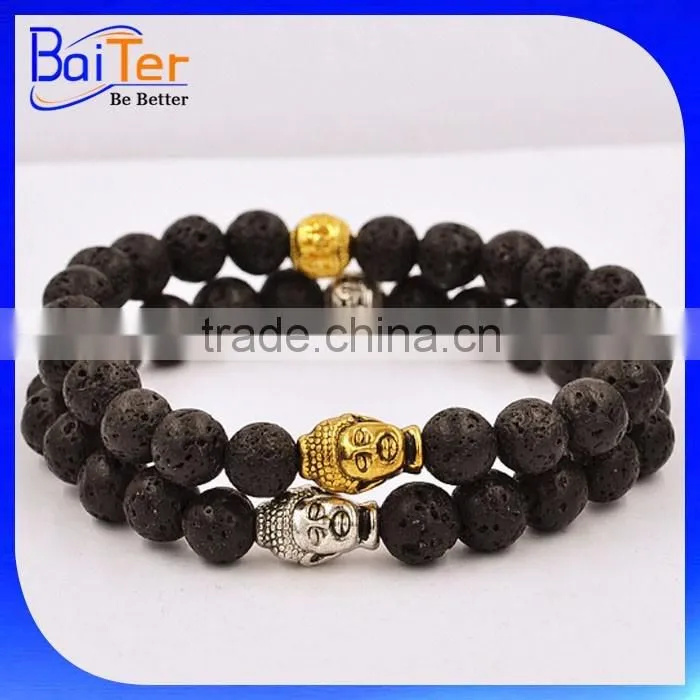 European Fashion Buddha Designs Black Agate Lava Bead Buddha Head Bracelet Wholesale