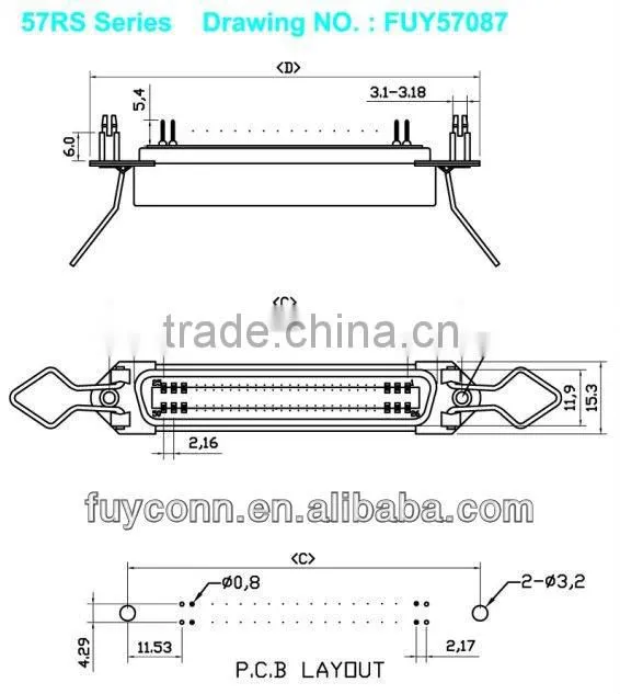 Centronics Connector Female PCB Mounting Solder DIP Termination Socket Type with Board Lock and Spring Latches