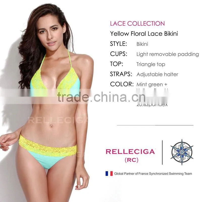 RELLECIGA 2016 Lace Collection -Mint Green + Yellow Floral Lace Bikini Swimsuit with Triangle Top and Brazilian Cut Scrunch Butt