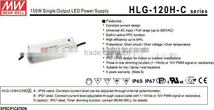 Meanwell 150w led driver 1400ma/ Single Output LED Power Supply 150w/dimming led driver 150w